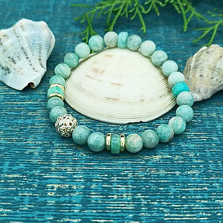 Bratara cristale de Amazonit si Jad Verde, pentru dama, Kaira ❤️, cu charm auriu, margele de 6mm [5]