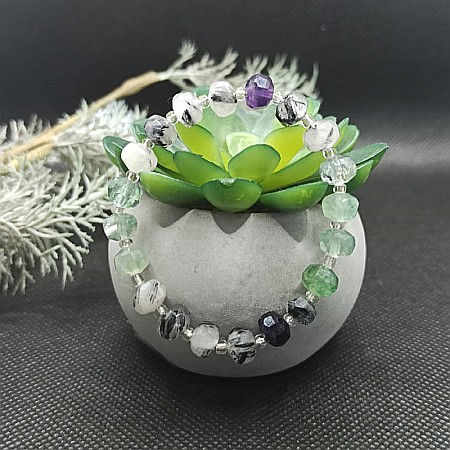 Bijuterii Fluorit - Bratara cristale femei Leonora, cu pietre semipretioase de Fluorit si Cuart Rutilat, magele fatetate de 6mm