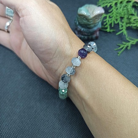 Bratara cristale femei Leonora, cu pietre semipretioase de Fluorit si Cuart Rutilat, magele fatetate de 6mm [7]