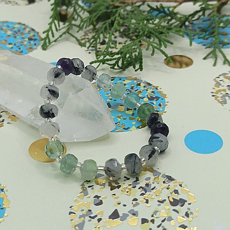 Bratara cristale femei Leonora, cu pietre semipretioase de Fluorit si Cuart Rutilat, magele fatetate de 6mm [5]