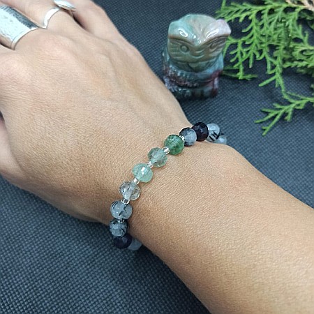 Bratara cristale femei Leonora, cu pietre semipretioase de Fluorit si Cuart Rutilat, magele fatetate de 6mm [6]