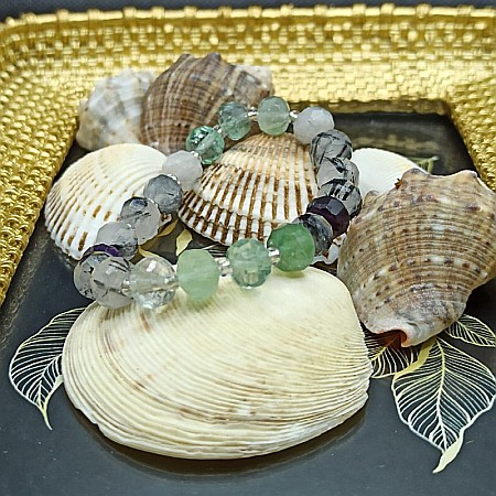 Bratara cristale femei Leonora, cu pietre semipretioase de Fluorit si Cuart Rutilat, magele fatetate de 6mm [1]