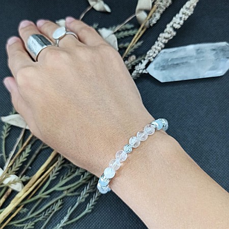 Bratara cristale femei Shanti cu pietre semipretioase de cuart transparent si rondele de Acvamarin, margele de 6mm