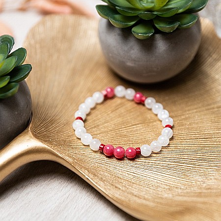 Bratara cu pietre semipretioase Alma, cristale de Jad Rosu Calcedonie si Piatra Lunii, sfere de 6mm [6]