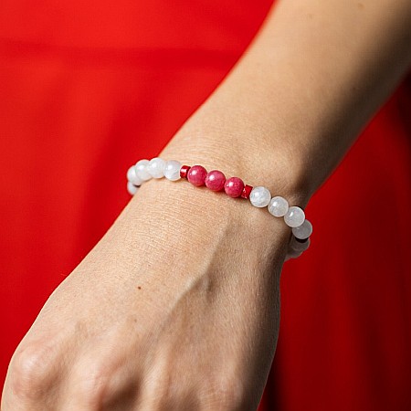 Bratara cu pietre semipretioase Alma, cristale de Jad Rosu Calcedonie si Piatra Lunii, sfere de 6mm [4]