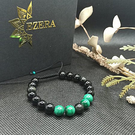 Bratara cu snur barbati, Ziva, din pietre semipretioase de obsidian si malachit, margele de 8mm [1]