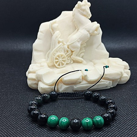 Bratara cu snur barbati, Ziva, din pietre semipretioase de obsidian si malachit, margele de 8mm [3]