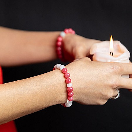 Bratara dama din pietre semipretioase de Jad Rosu, Morganit si Piatra Lunii Misel