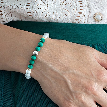 Verde - Bratara dama Edeline din cristale de Malachit si Tridacna cu Argint 925