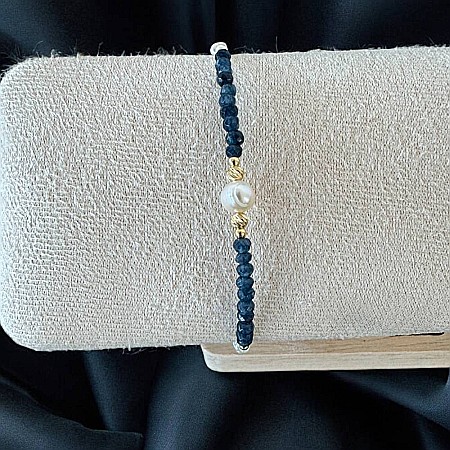 Argint 925 placat cu aur - Bratara dama Indira din safir si perle naturale cu argint placat cu aur