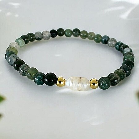 Bratara dama Samanta cu cristale Moss Agate cu Perla si accesorii din argint placat cu aur [2]