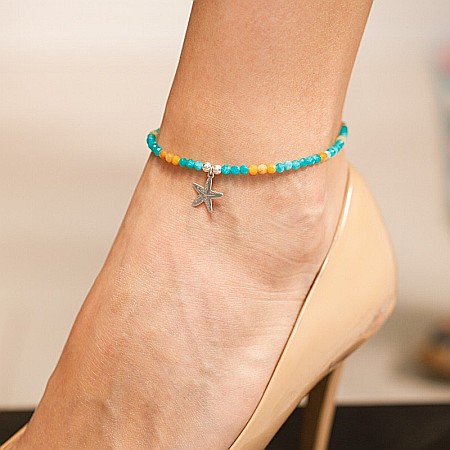 Bratara de picior Maya din cristale de Amazonit si Topaz cu charm Steluta de mare din Argint ❤️ [8]