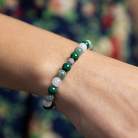 Bratara eleganta fete Mehal, din pietre semipretioase de Malachit, Piatra Lunii si Jad Verde, margele de 6mm