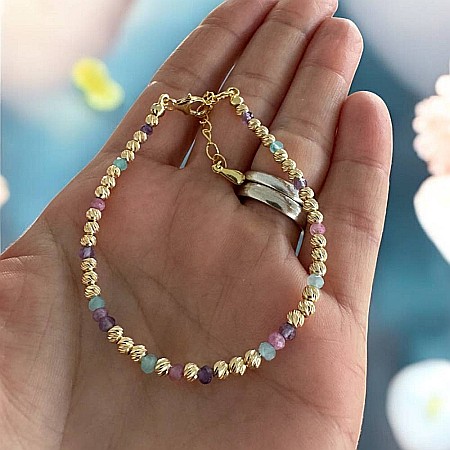 Bijuterii Amazonit - Bratara eleganta handmade dama Imani cu Ametist, Turmalina Roz, Amazonit cu bilute argint placat cu aur 925