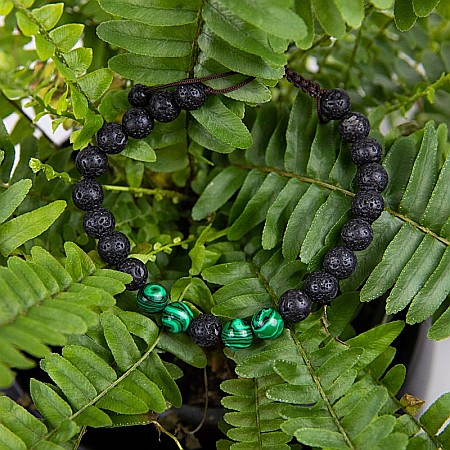 Bratara aromaterapie ”ENID” ajustabila cu snur din Pietre de Lava (Vulcanice) si Pietre de Malachit Verzi [5]