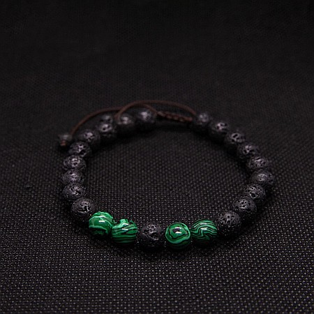 Bijuterii pietre semipretioase - Bratara aromaterapie ”ENID” ajustabila cu snur din Pietre de Lava (Vulcanice) si Pietre de Malachit Verzi