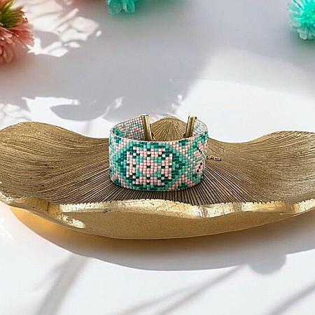 Bratara femei eleganta Nellie din margele Miyuki, impletita manual in nuante de turcoaz si somon [5]