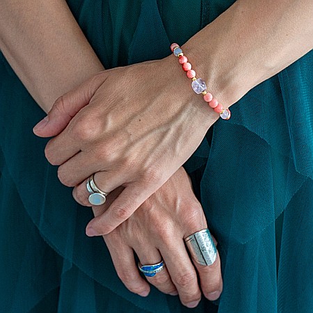 Bijuterii Coral - Bratara femei Karissa din margele de coral si cuart roz cu accesorii din argint 925 placat cu aur