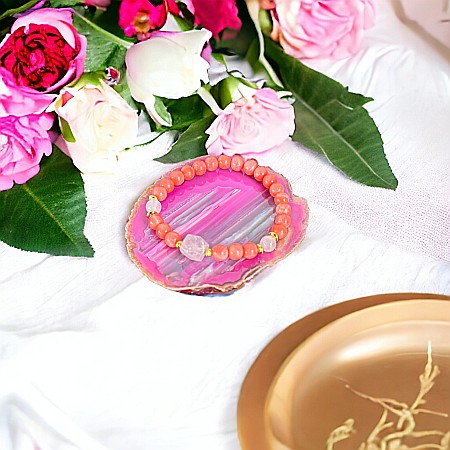 Bratara femei Karissa din margele de coral si cuart roz cu accesorii din argint 925 placat cu aur [4]