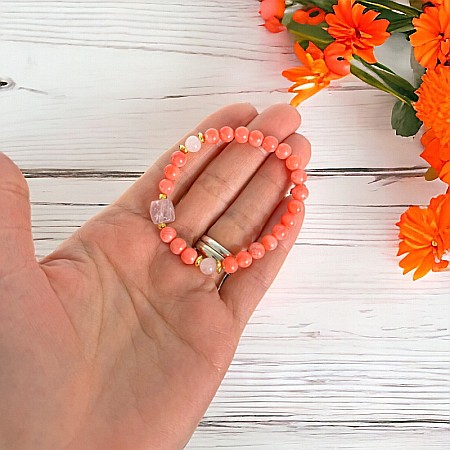 Bratara femei Karissa din margele de coral si cuart roz cu accesorii din argint 925 placat cu aur [1]