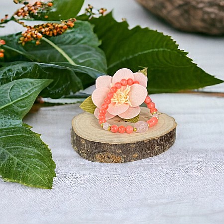 Bratara femei Karissa din margele de coral si cuart roz cu accesorii din argint 925 placat cu aur [7]