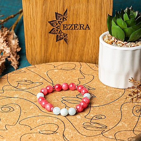 Bratara femei pietre semipretioase din Jad Rosu si Acvamarin, Noel, sfere de 8mm [10]