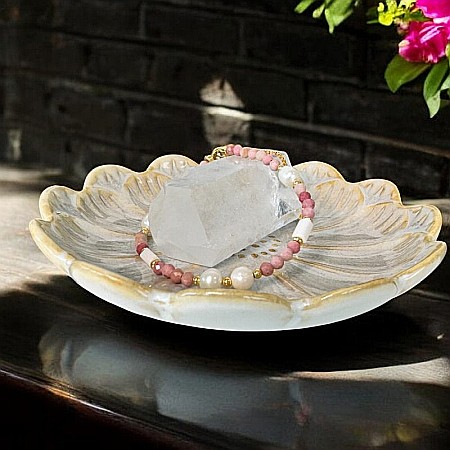 Bijuterii Rodonit - Bratara femei Rodonit si Perle Agrata, ajustabila, cupru placat cu aur