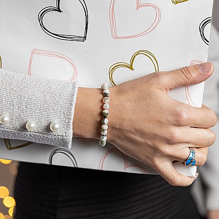 Bijuterii Agat - Bratara handmade dama Rihana, din cristale White Moss Agate, margele de 6mm