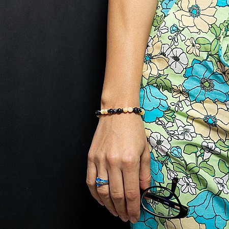 Bratara handmade din pietre semipretioase pentru femei Rahel cu cristale de Jad Galben si Shell Turquoise Negru, sfere de 6mm [2]