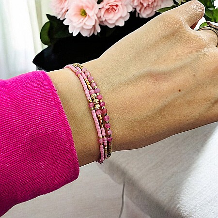 Bratara handmade roz snur 3 straturi Paty cu Miyuki si Turmalina Roz cu argint placat cu aur [1]