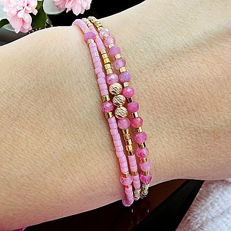 Cristale dupa culoare - Bratara handmade roz snur 3 straturi Paty cu Miyuki si Turmalina Roz cu argint placat cu aur