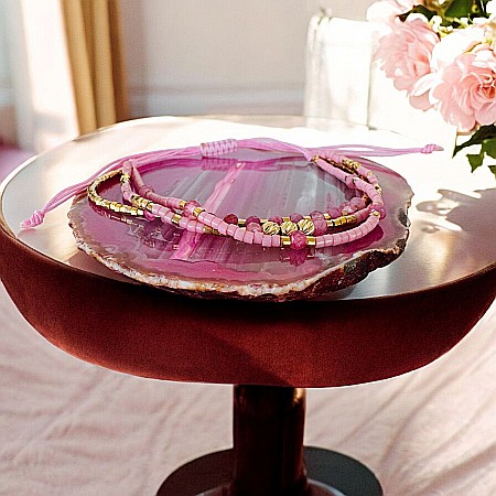 Bratara handmade roz snur 3 straturi Paty cu Miyuki si Turmalina Roz cu argint placat cu aur [4]