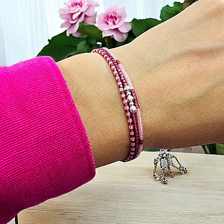 Bratara handmade roz Solene cu snur 3 straturi Miyuki si argint 925 Bratari snur - Bratara handmade roz Solene cu snur 3 straturi Miyuki si argint 925