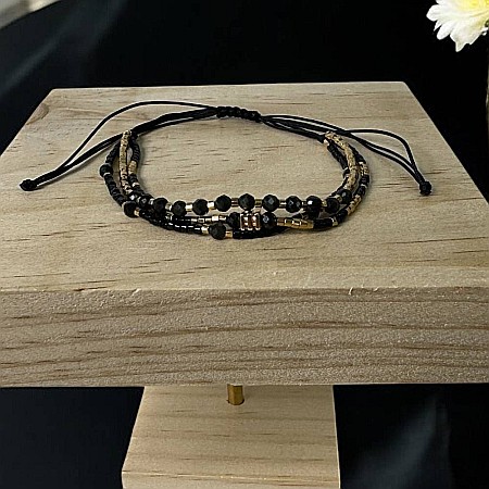 Bratara handmade snur 3 straturi Malika din Miyuki si Obsidian cu charm auriu [3]