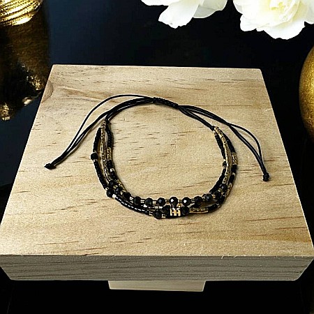 Bratara handmade snur 3 straturi Malika din Miyuki si Obsidian cu charm auriu [5]