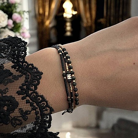 Bratara handmade snur 3 straturi Malika din Miyuki si Obsidian cu charm auriu [8]