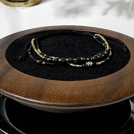 Bratara handmade snur 3 straturi Malika din Miyuki si Obsidian cu charm auriu [4]