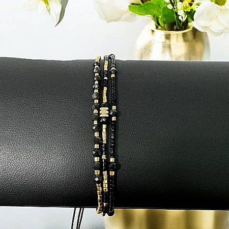Bratara handmade snur 3 straturi Malika din Miyuki si Obsidian cu charm auriu [2]