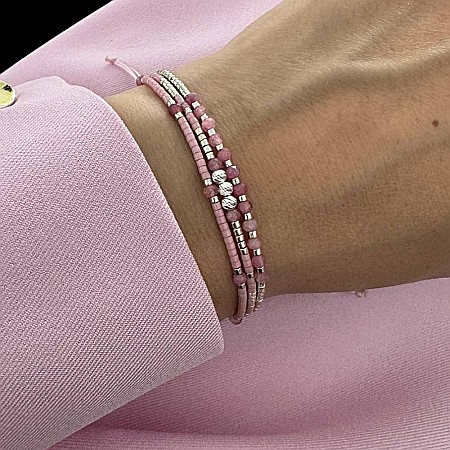 Bratara handmade snur AZIZA, 3 straturi din Miyuki și Turmalina Roz cu argint [6]