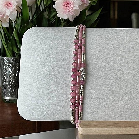 Bratara handmade snur AZIZA, 3 straturi din Miyuki și Turmalina Roz cu argint [2]