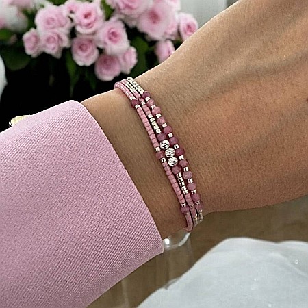 Bratara handmade snur AZIZA, 3 straturi din Miyuki și Turmalina Roz cu argint
