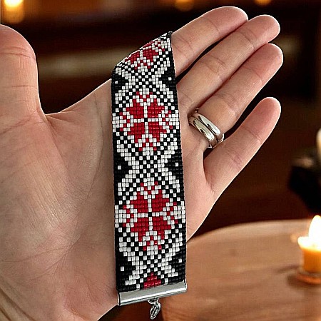 Bratara lata impletita manual cu margele Miyuki cu model traditional romanesc, Adela [4]