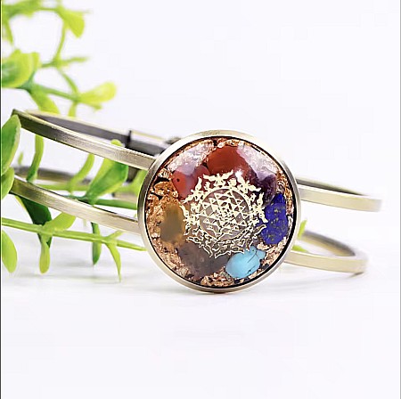 Bratara orgonica ASHIA 7 Chakre alama galvanizata bronz antic, foite Cupru si Cristale Naturale cu simbol Sri Yantra, 6.2 cm [1]