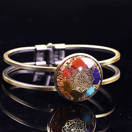 Bratara orgonica ASHIA 7 Chakre alama galvanizata bronz antic, foite Cupru si Cristale Naturale cu simbol Sri Yantra, 6.2 cm [5]