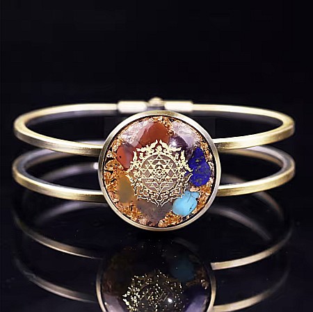 Bratara orgonica ASHIA 7 Chakre alama galvanizata bronz antic, foite Cupru si Cristale Naturale cu simbol Sri Yantra, 6.2 cm [2]
