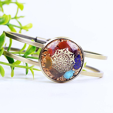Bratara orgonica ASHIA 7 Chakre alama galvanizata bronz antic, foite Cupru si Cristale Naturale cu simbol Sri Yantra, 6.2 cm [7]