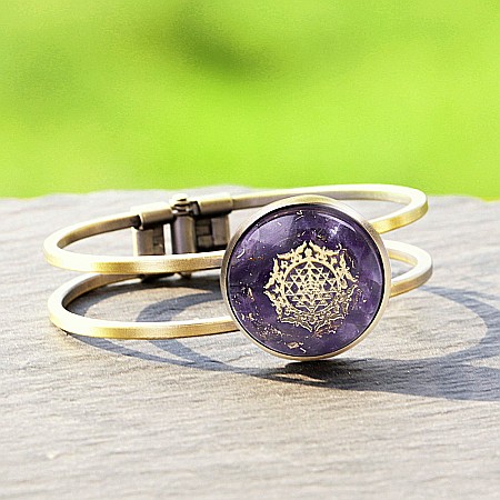 Bratara orgonica ASHIA din alama galvanizata in bronz antic, foite Cupru si Cristale Naturale de Ametist si Sri Yantra, 6.2 cm [5]