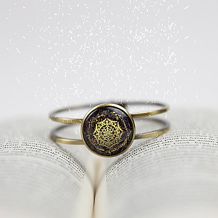 Bratara orgonica ASHIA din alama galvanizata in bronz antic, foite Cupru si Cristale Naturale de Ametist si Sri Yantra, 6.2 cm [6]