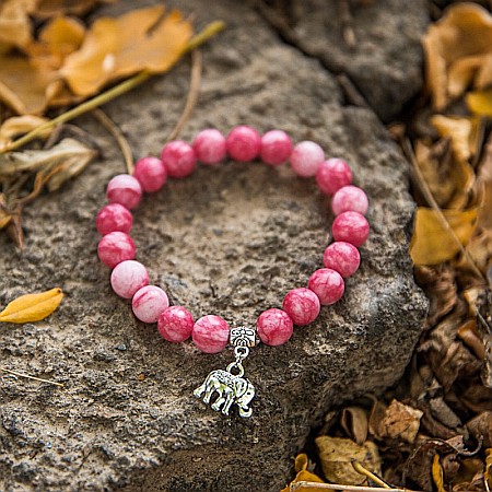 Bratara “Paloma” cu pietre semipretioase, Rodocrozit Roz si Charm Elefant, pentru femei, margele de 8mm [2]