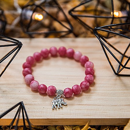 Bratara “Paloma” cu pietre semipretioase, Rodocrozit Roz si Charm Elefant, pentru femei, margele de 8mm [3]